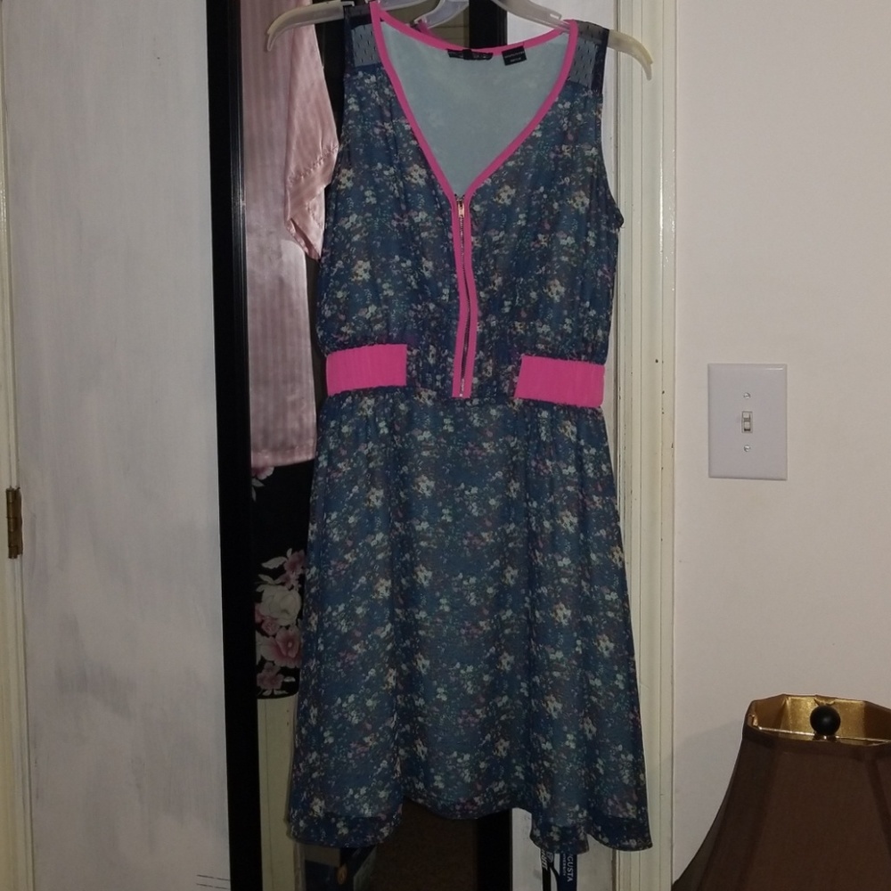 Miss Me Blue Floral Midi Dress with Hot Pink Trim